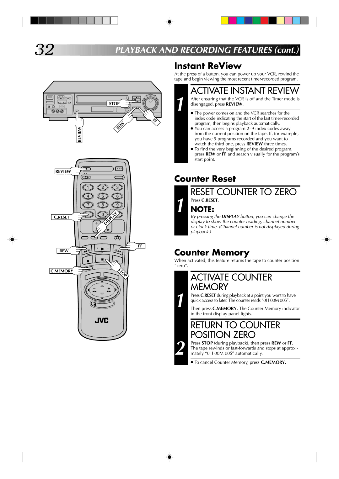 JVC HR-VP830U manual Activate Instant Review, Activate Counter, Memory, Return to Counter Position Zero 