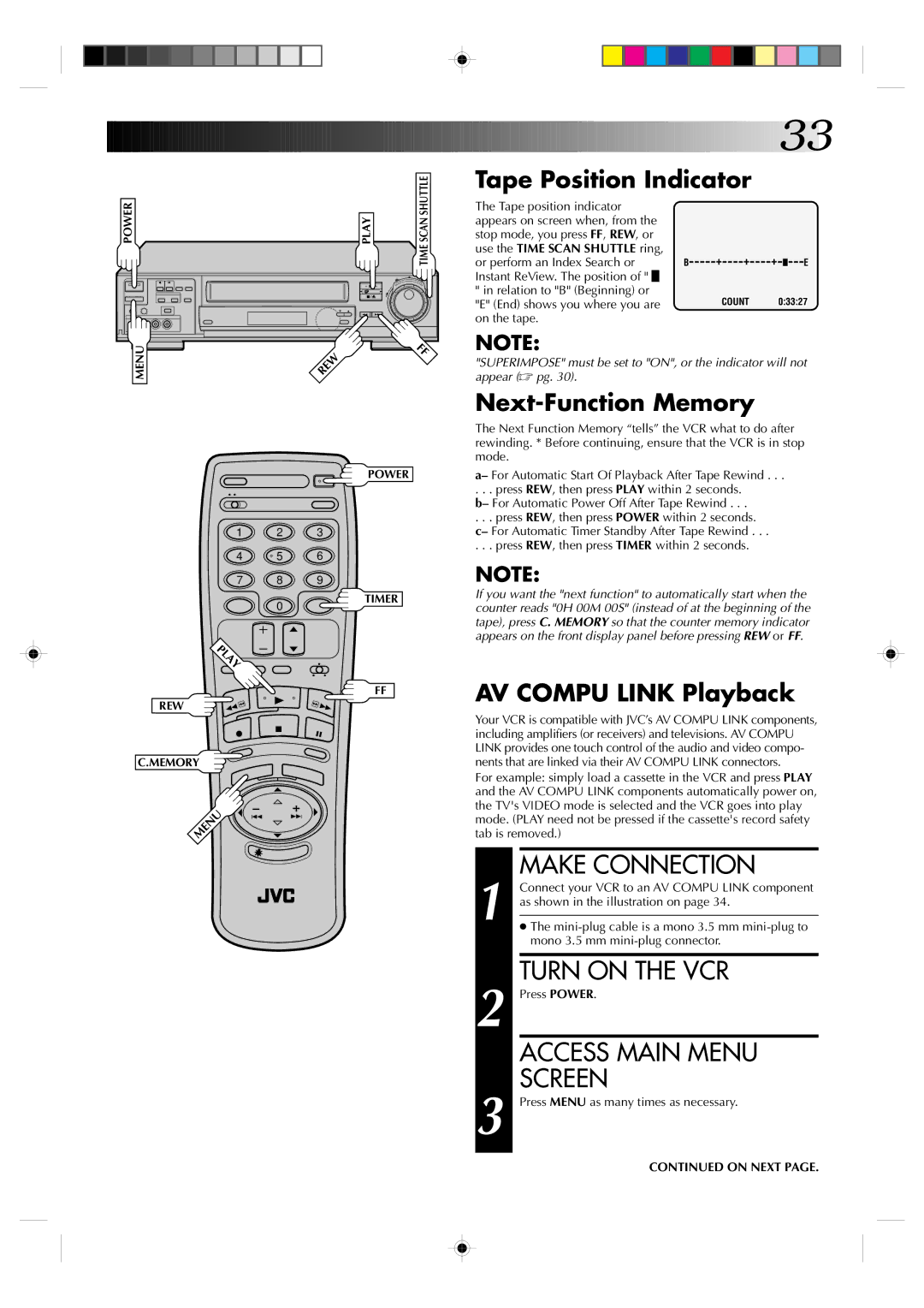 JVC HR-VP830U manual Make Connection, Tape Position Indicator, Next-Function Memory, AV Compu Link Playback 