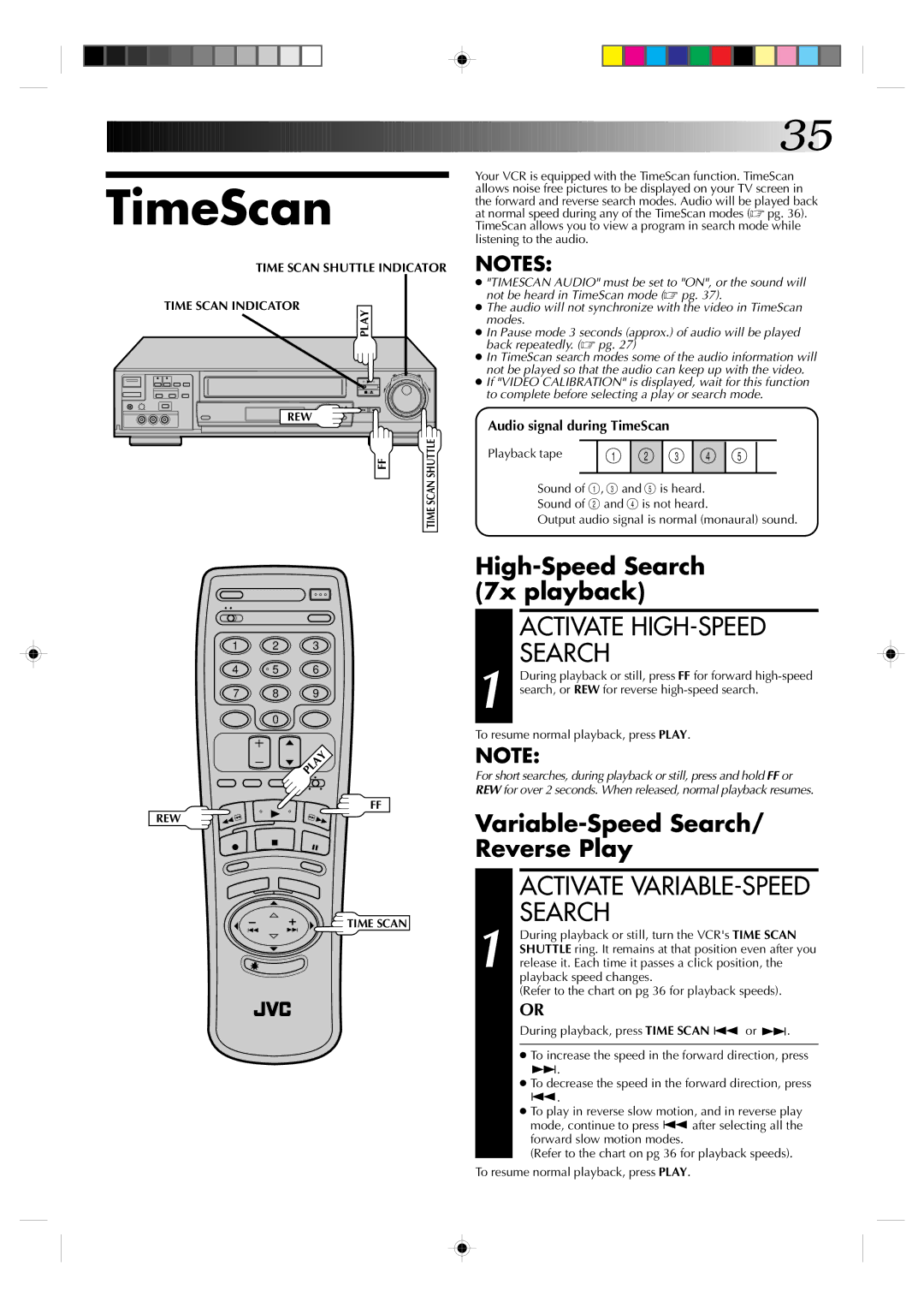 JVC HR-VP830U TimeScan, Activate HIGH-SPEED Search, High-Speed Search 7x playback, Variable-Speed Search/ Reverse Play 