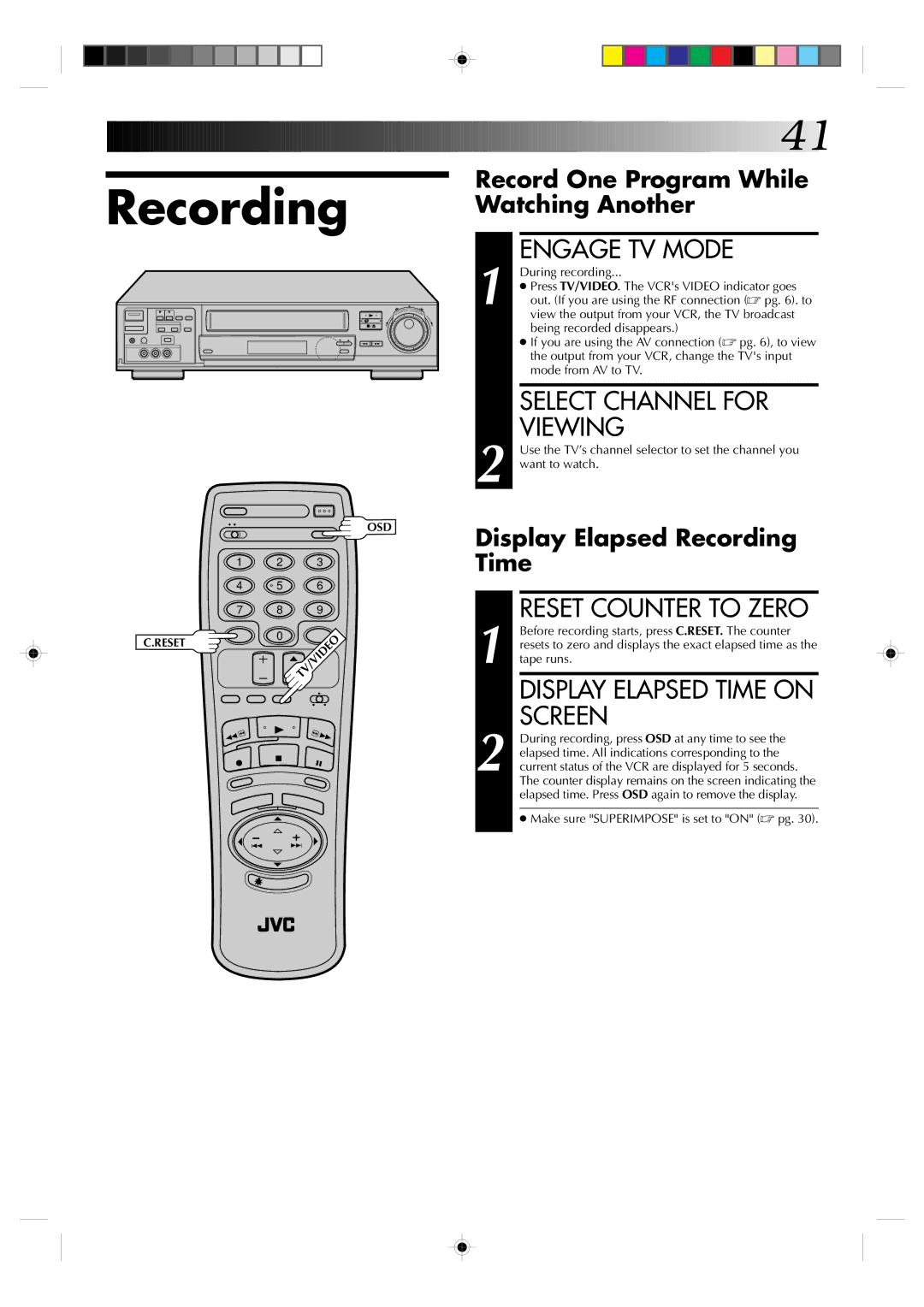 JVC HR-VP830U manual Engage TV Mode, Select Channel for Viewing, Reset Counter to Zero, Display Elapsed Time on Screen 