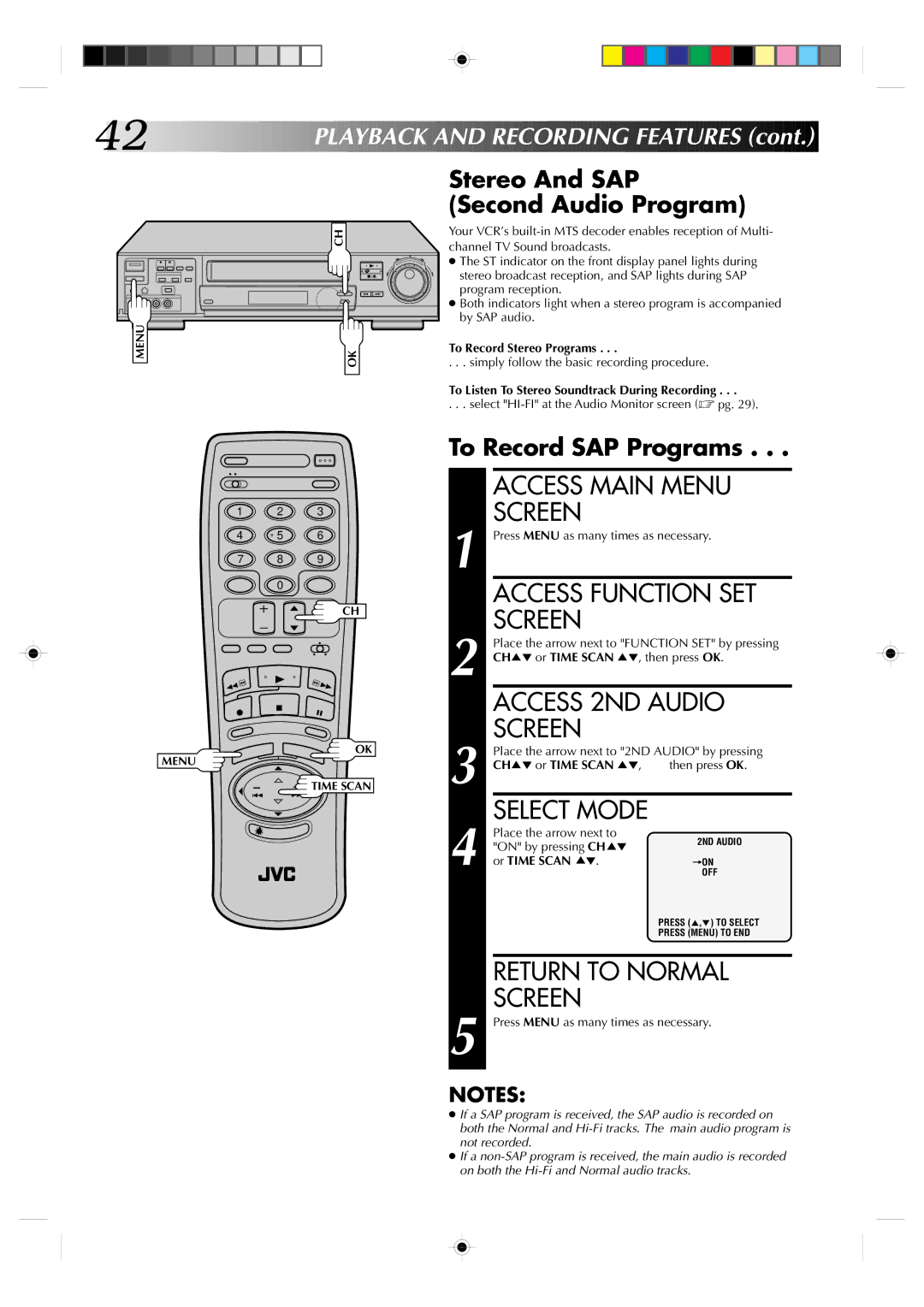 JVC HR-VP830U manual Access Function SET, Access 2ND Audio, Return to Normal, Stereo And SAP Second Audio Program 