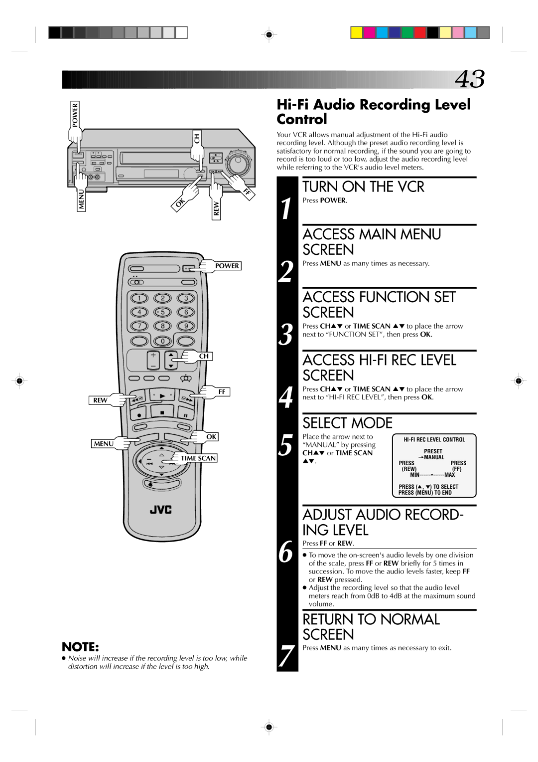 JVC HR-VP830U manual Access HI-FI REC Level, Adjust Audio Record, ING Level 