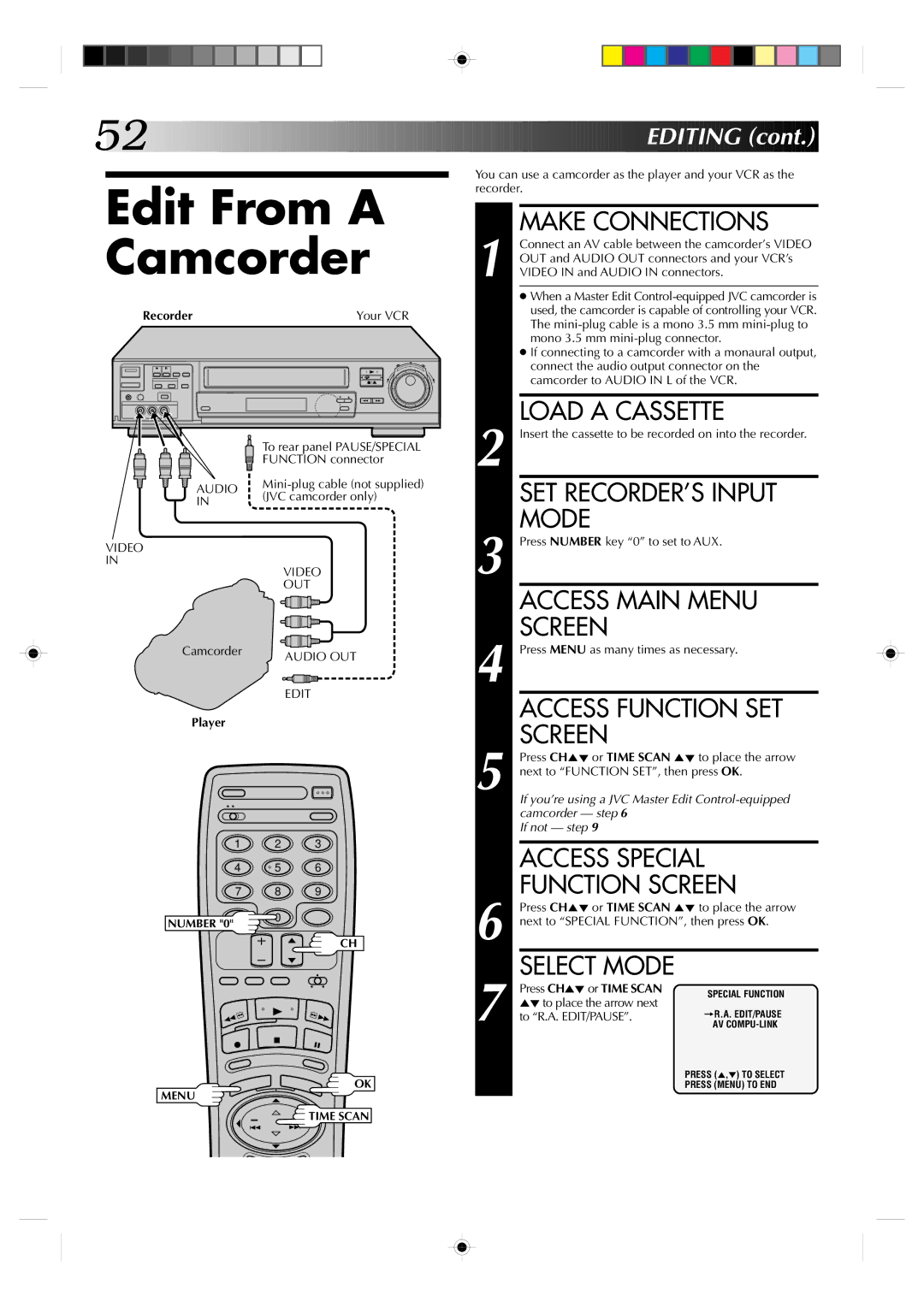 JVC HR-VP830U manual Edit From a Camcorder, SET RECORDER’S Input, Mode, Access Special, Function Screen 