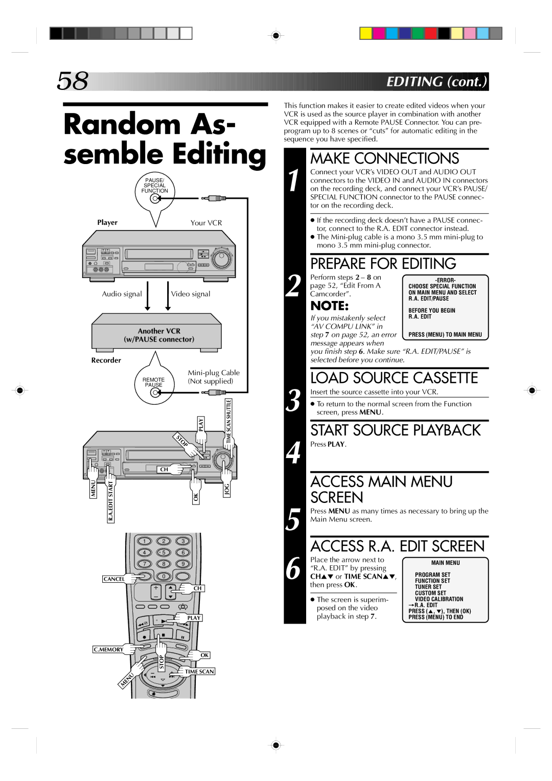 JVC HR-VP830U manual Random As- semble Editing, Prepare for Editing, Load Source Cassette, CH5 or Time SCAN5 