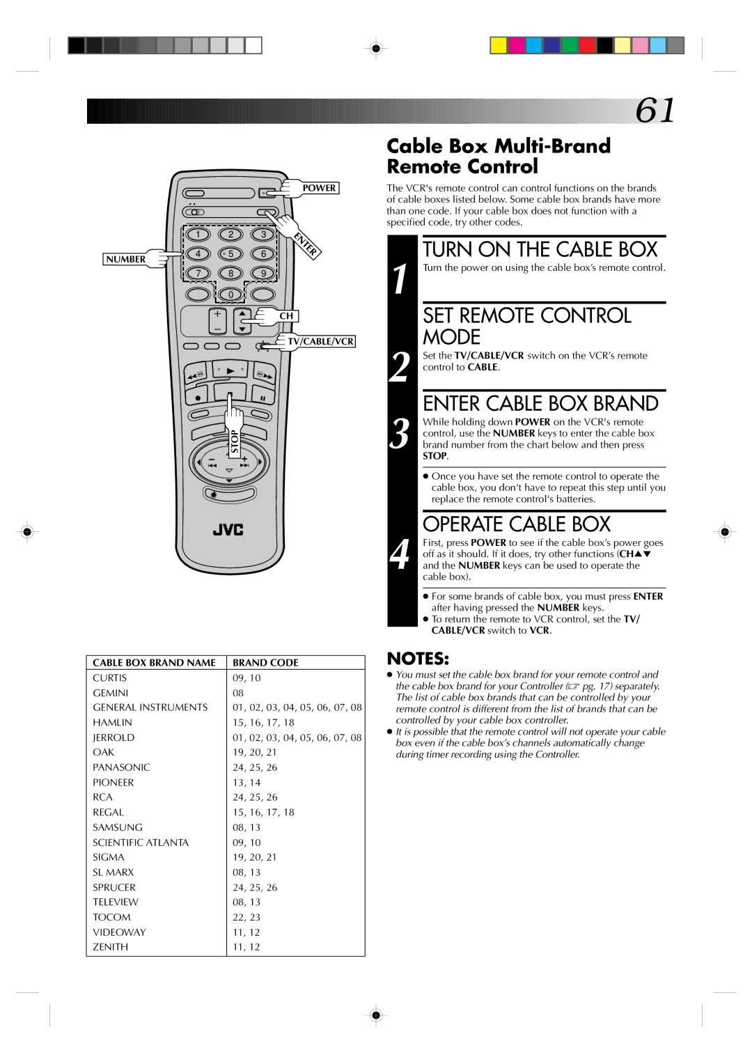 JVC HR-VP830U manual Turn on the Cable BOX, Enter Cable BOX Brand, Operate Cable BOX, Cable Box Multi-Brand Remote Control 