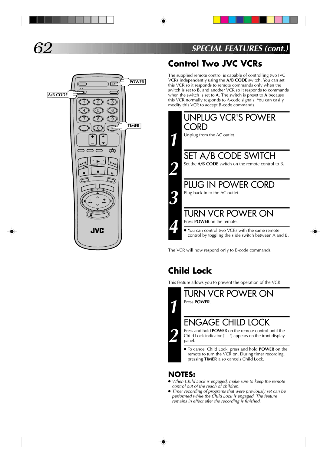 JVC HR-VP830U manual Unplug Vcrs Power, SET A/B Code Switch, Plug in Power Cord, Turn VCR Power on, Engage Child Lock 