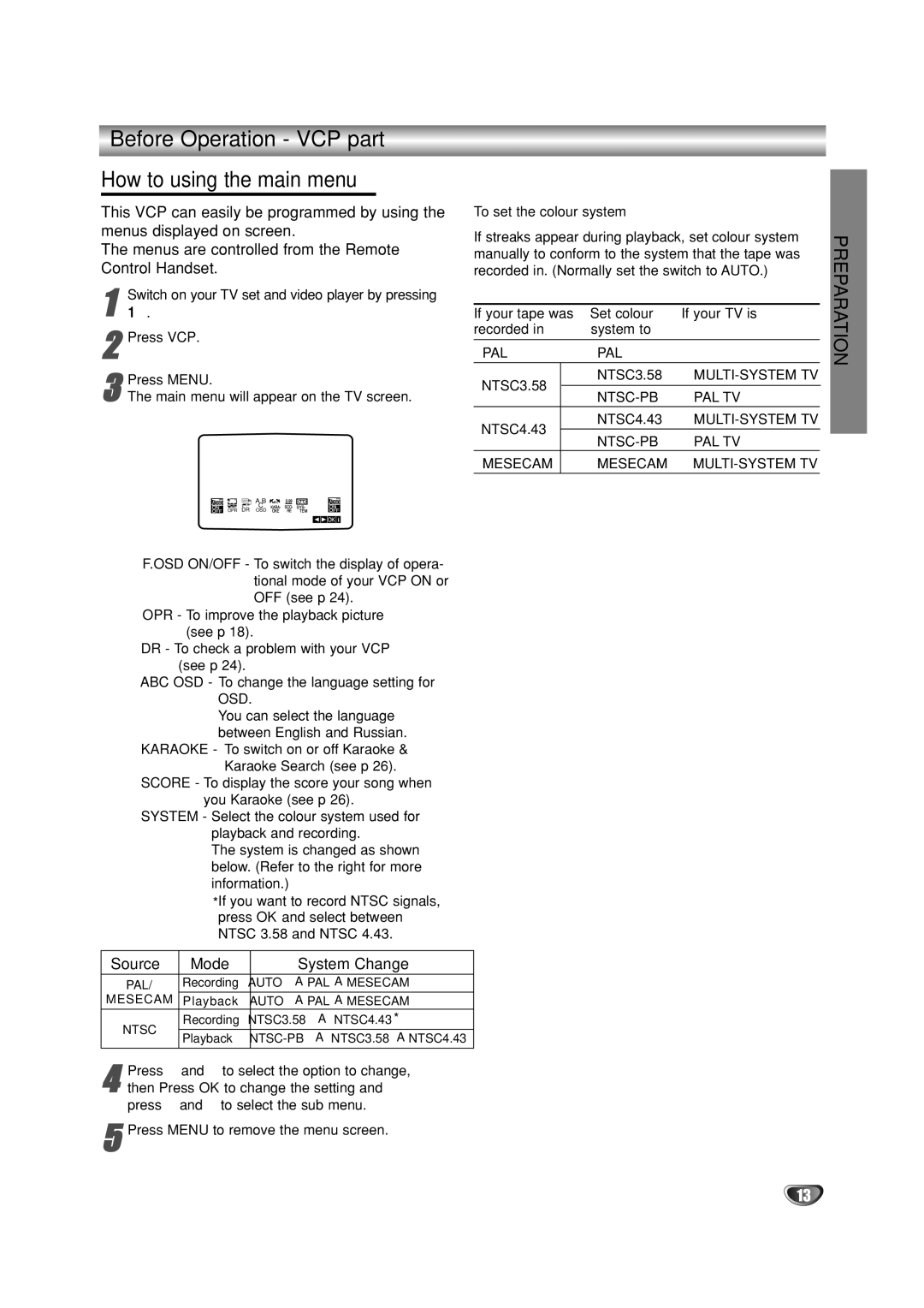 JVC HR-XV10AG Before Operation VCP part How to using the main menu, Source Mode System Change, To set the colour system 