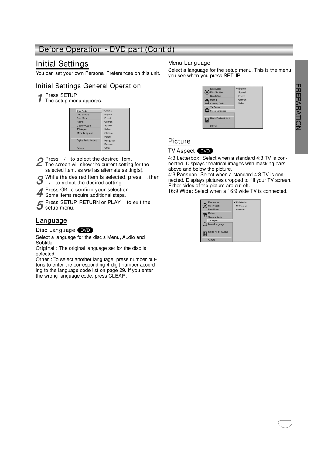 JVC HR-XV10AG Before Operation DVD part Cont’d Initial Settings, Initial Settings General Operation, Language, Picture 