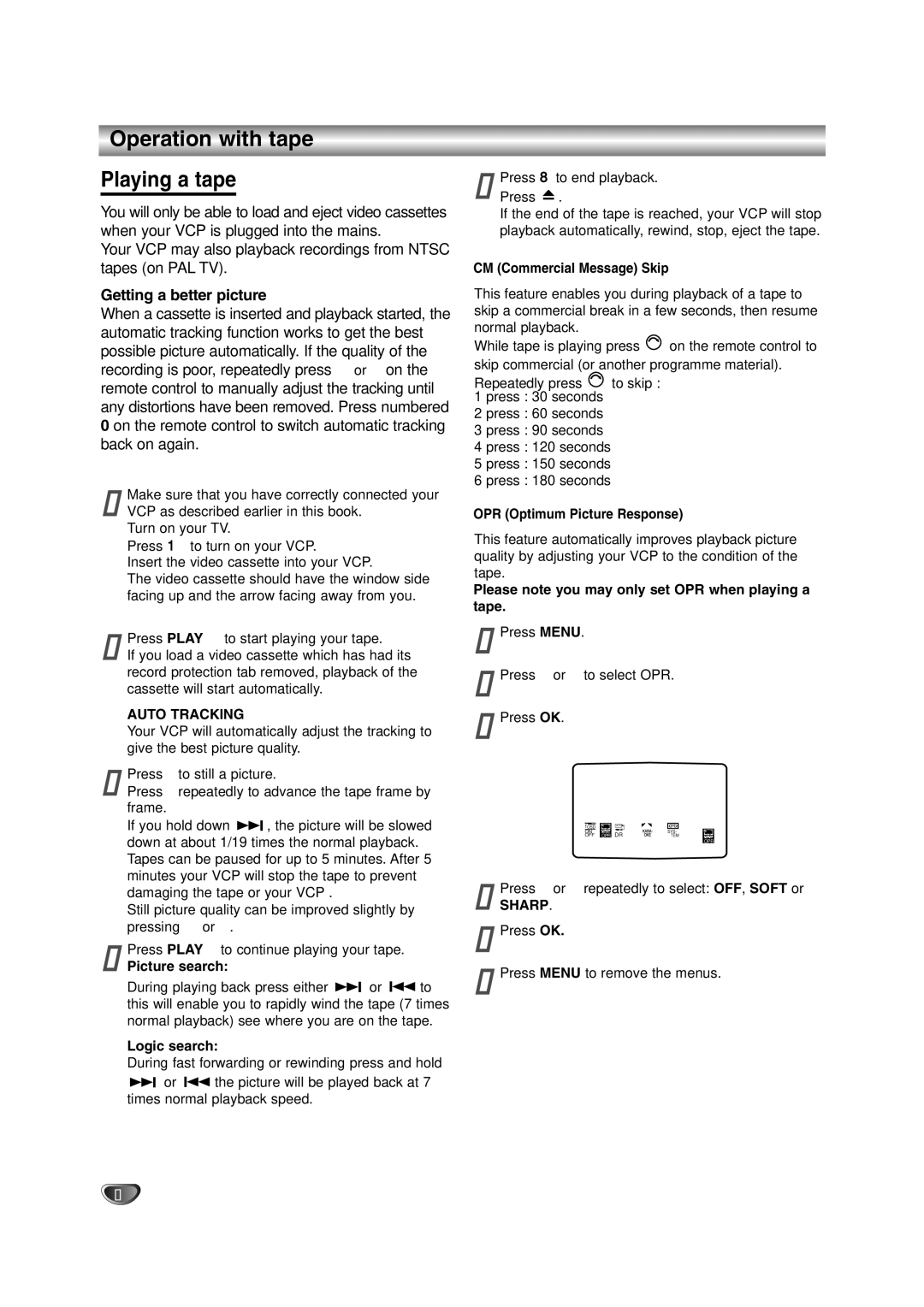 JVC HR-XV10AG manual Operation with tape Playing a tape, Getting a better picture, Auto Tracking, Sharp 