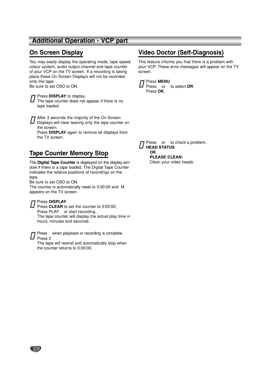 JVC HR-XV10AG manual Additional Operation VCP part On Screen Display, Tape Counter Memory Stop, Video Doctor Self-Diagnosis 