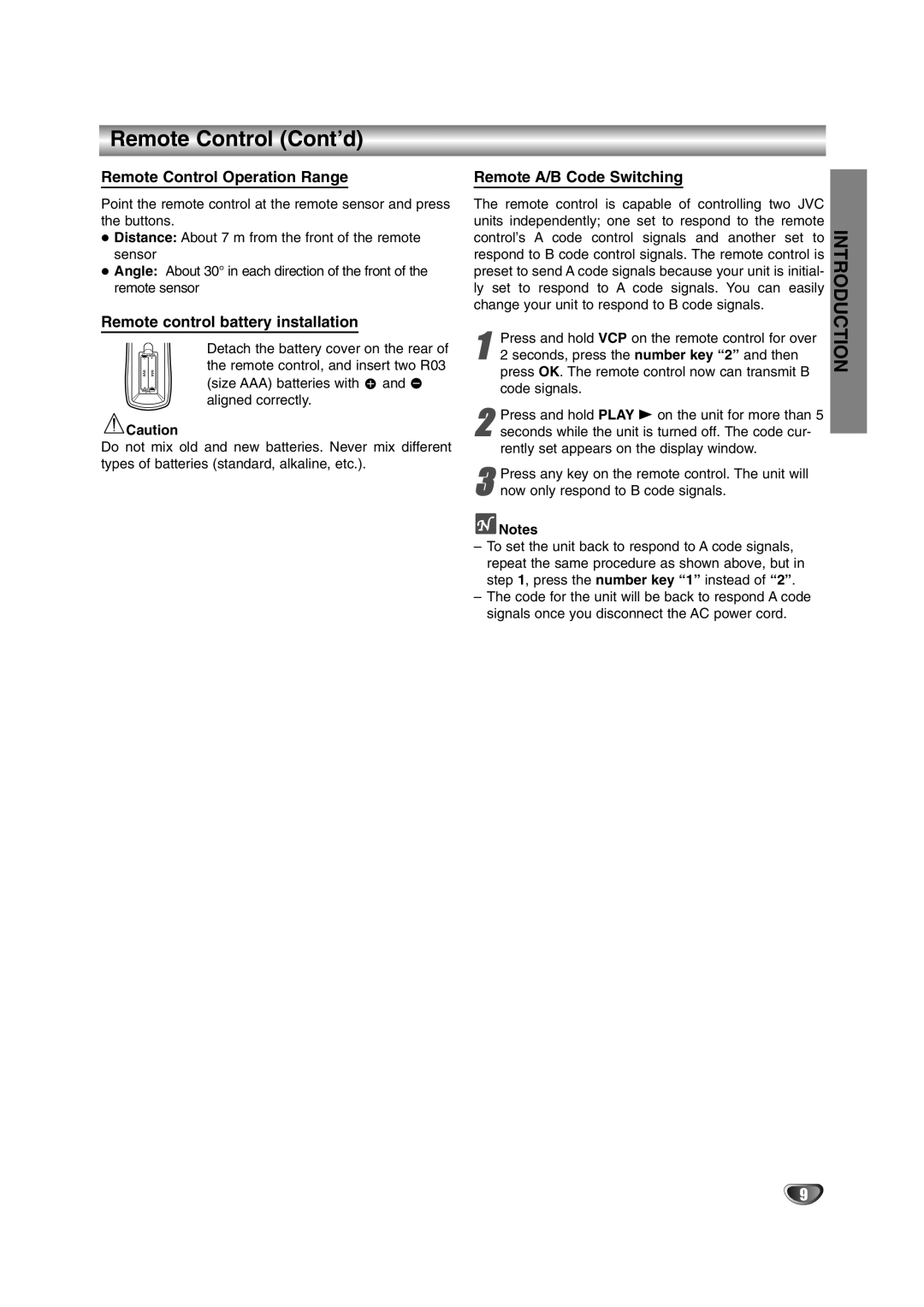 JVC HR-XV10AG manual Remote Control Cont’d, Remote Control Operation Range, Remote control battery installation 