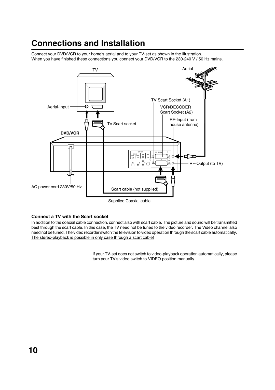 JVC HR-XV1EK manual Connections and Installation, Connect a TV with the Scart socket, Vcr/Decoder 