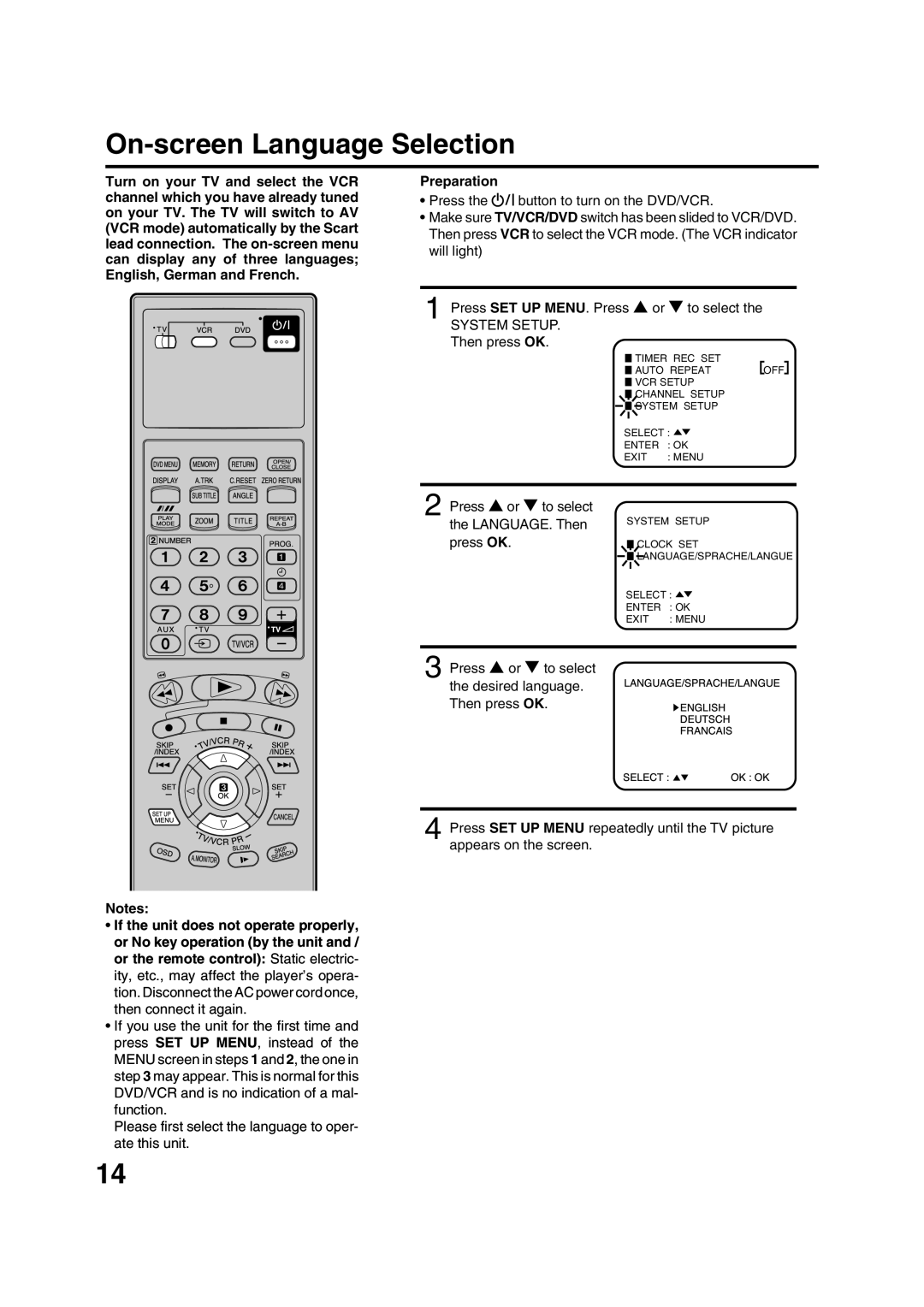 JVC HR-XV1EK manual On-screen Language Selection, Press or to select, LANGUAGE. Then, Press OK, Then press OK 