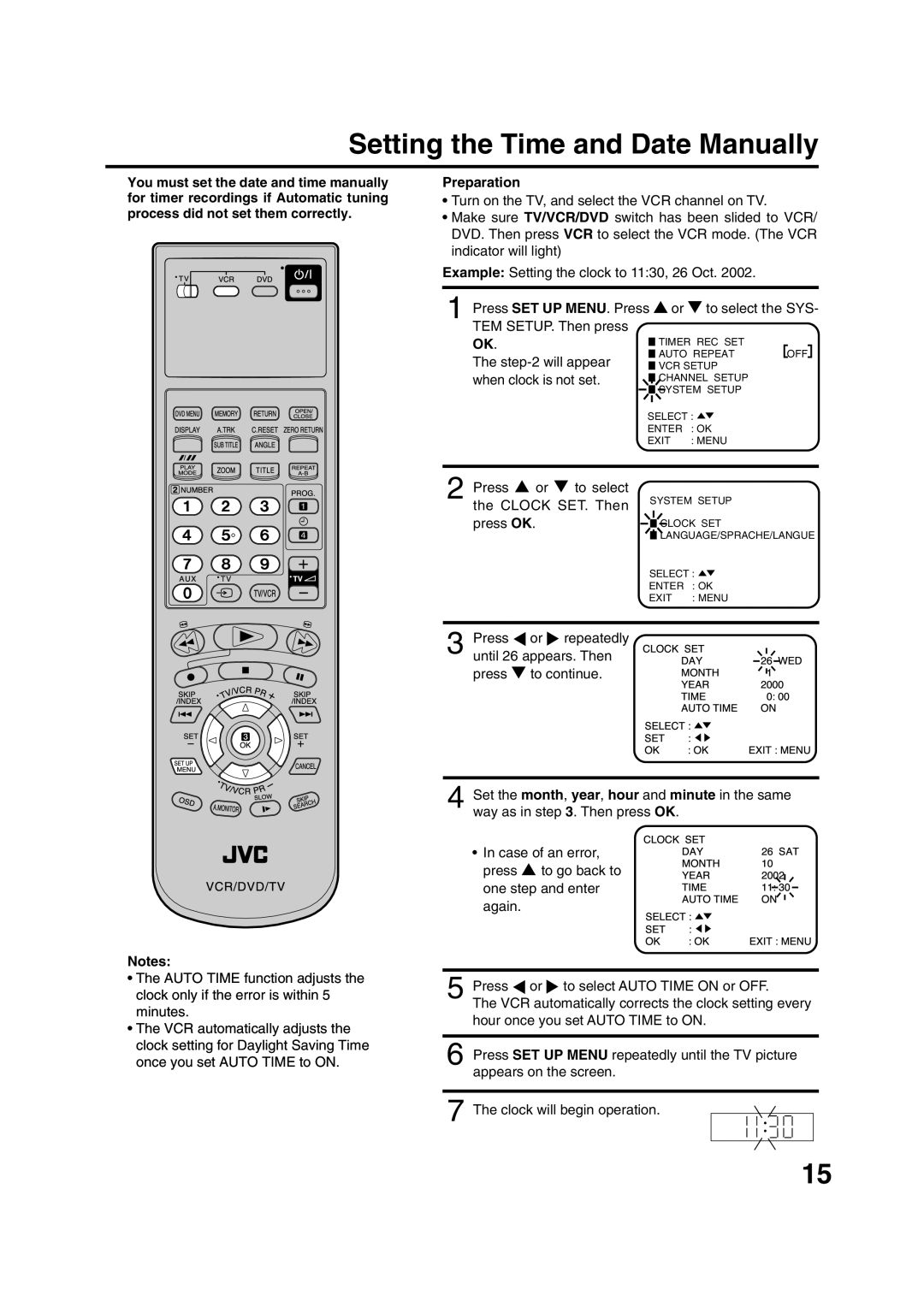 JVC HR-XV1EK manual Setting the Time and Date Manually, Clock Dayset 