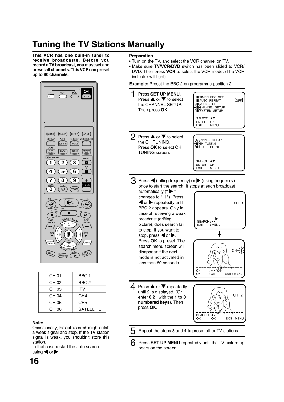 JVC HR-XV1EK manual Tuning the TV Stations Manually, CH4, CH5, Satellite, Numbered keys. Then 