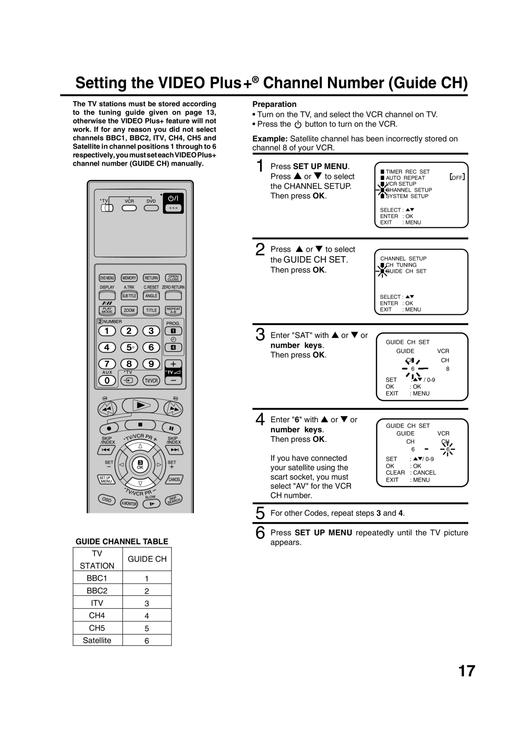 JVC HR-XV1EK manual Setting the Video Plus + Channel Number Guide CH, Number keys, Guide Channel Table 