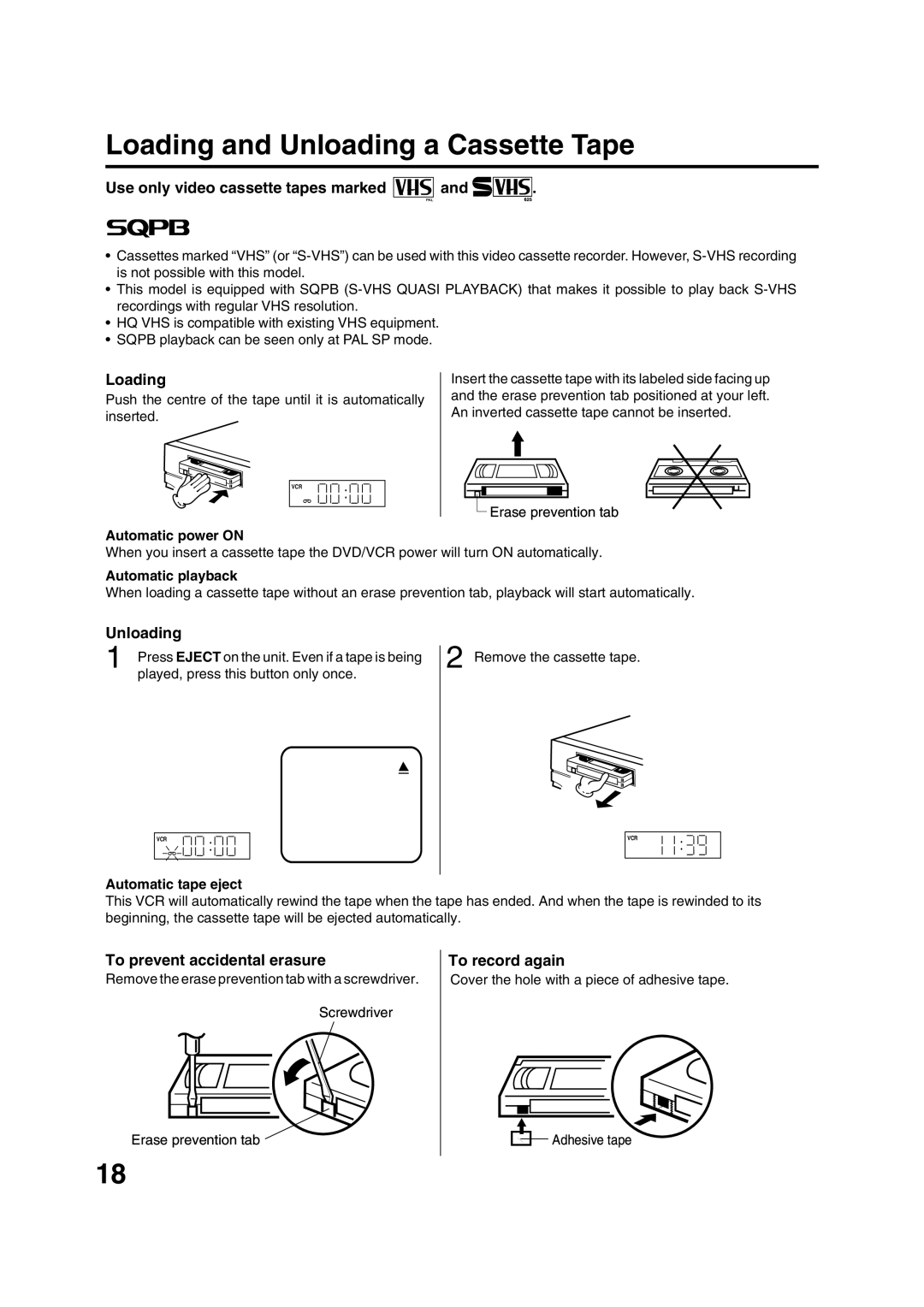 JVC HR-XV1EK manual Loading and Unloading a Cassette Tape 