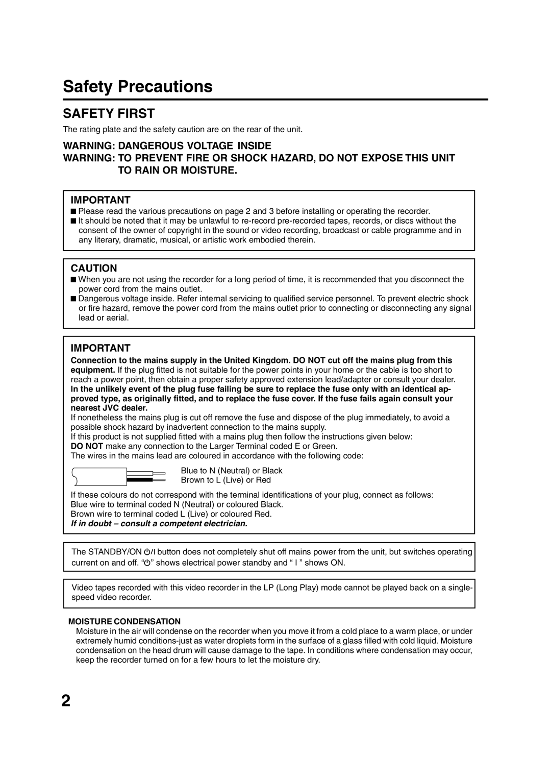 JVC HR-XV1EK manual Safety Precautions, Moisture Condensation 