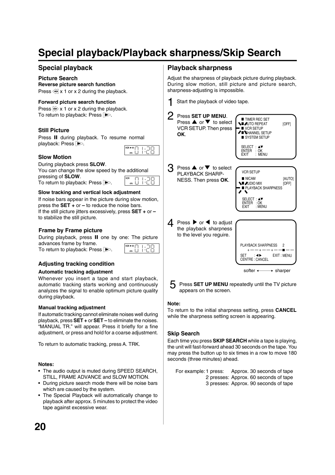 JVC HR-XV1EK manual Special playback/Playback sharpness/Skip Search 