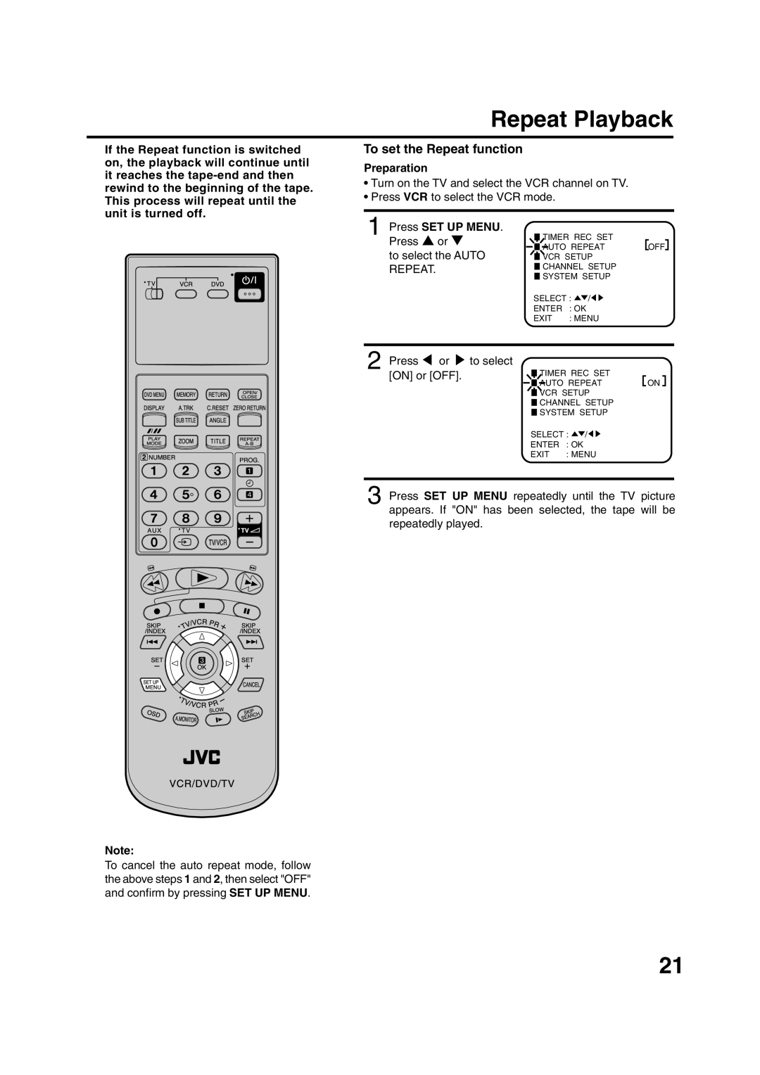 JVC HR-XV1EK manual Repeat Playback, To set the Repeat function 