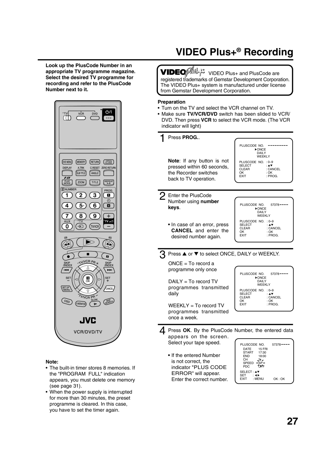 JVC HR-XV1EK manual Video Plus+ Recording 