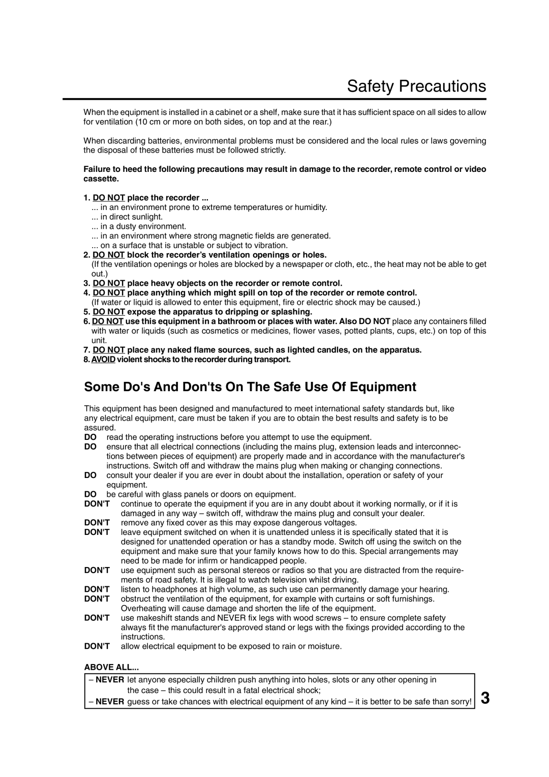 JVC HR-XV1EK manual Safety Precautions, Do not block the recorder’s ventilation openings or holes, Above ALL 