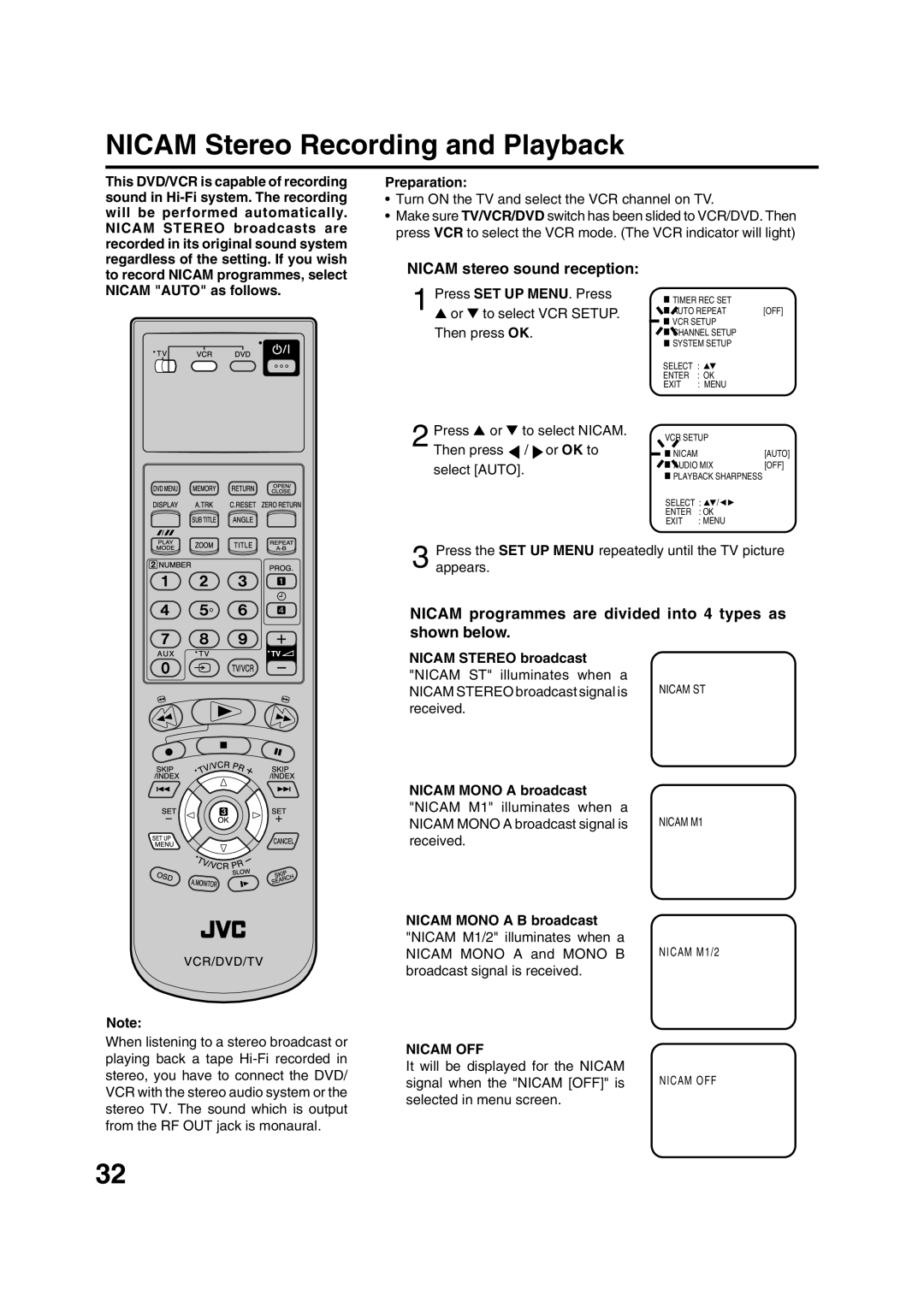 JVC HR-XV1EK manual Nicam Stereo Recording and Playback, Nicam stereo sound reception, Nicam OFF 