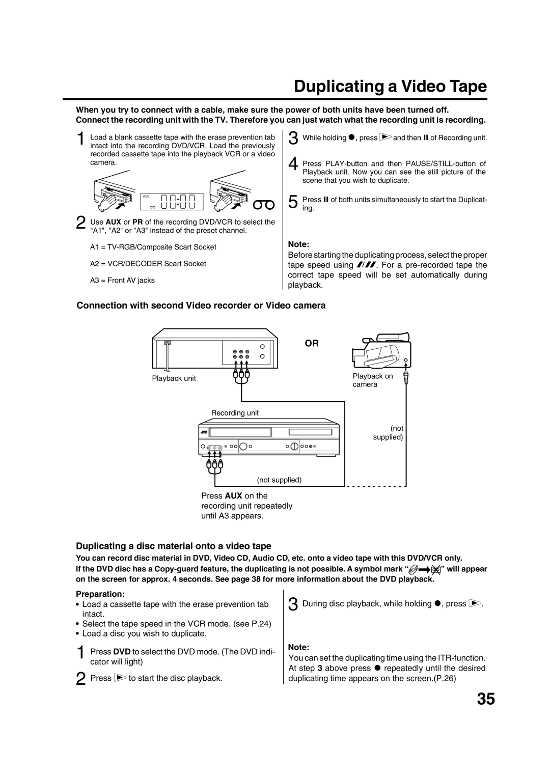 JVC HR-XV1EK manual Duplicating a Video Tape, Connection with second Video recorder or Video camera 