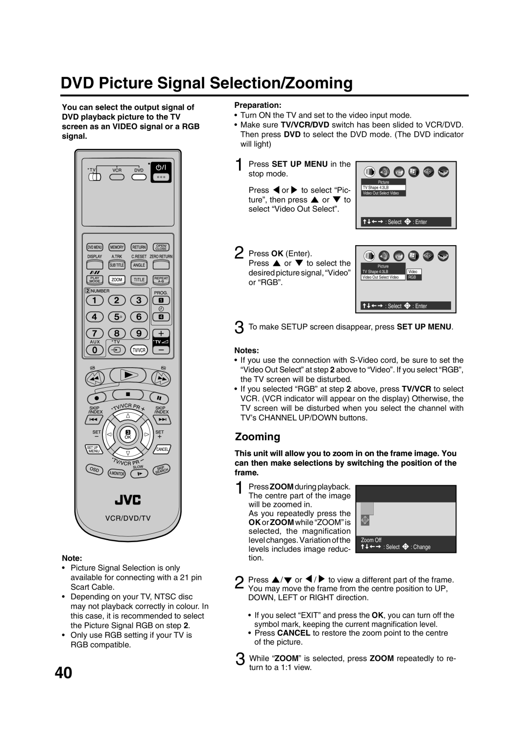 JVC HR-XV1EK manual DVD Picture Signal Selection/Zooming 