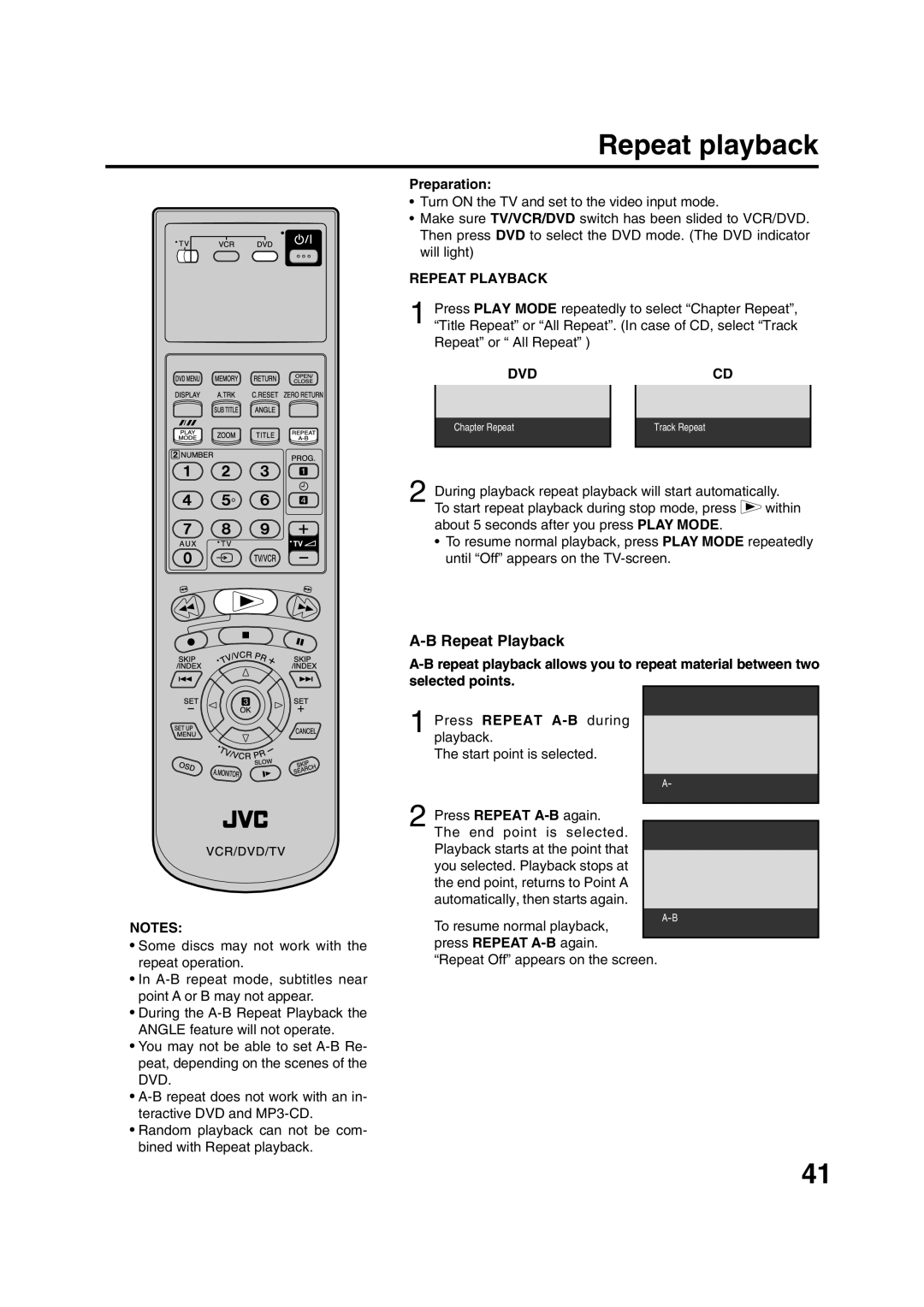 JVC HR-XV1EK manual Repeat Playback, Dvd, Some discs may not work with 