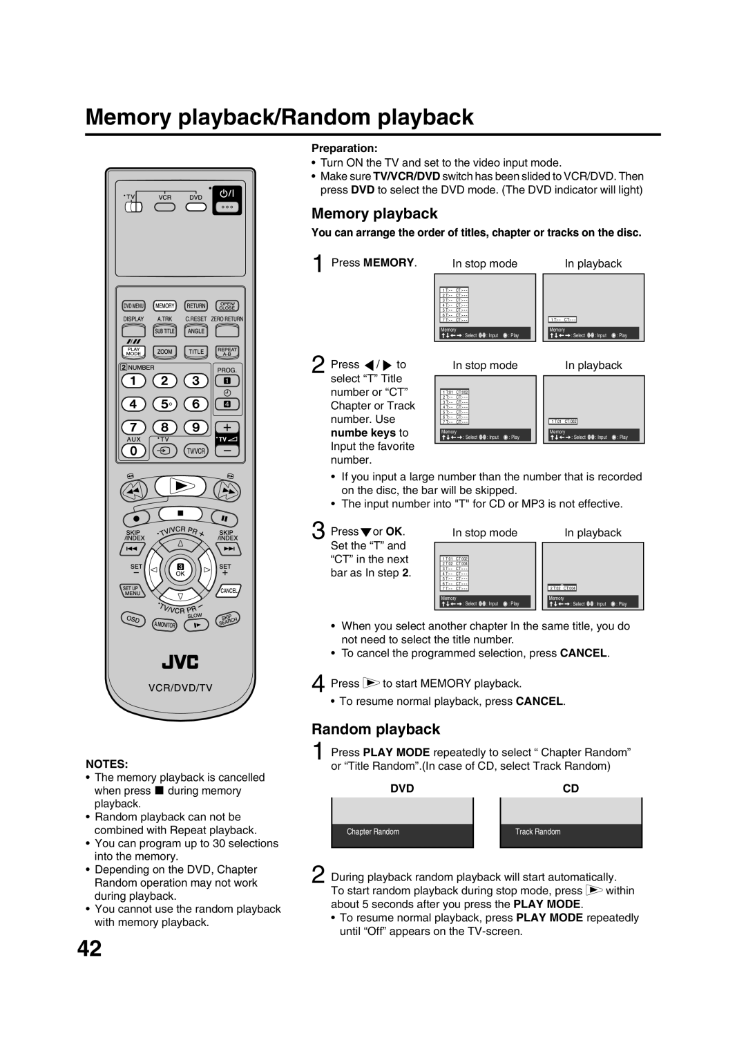 JVC HR-XV1EK manual Memory playback/Random playback 