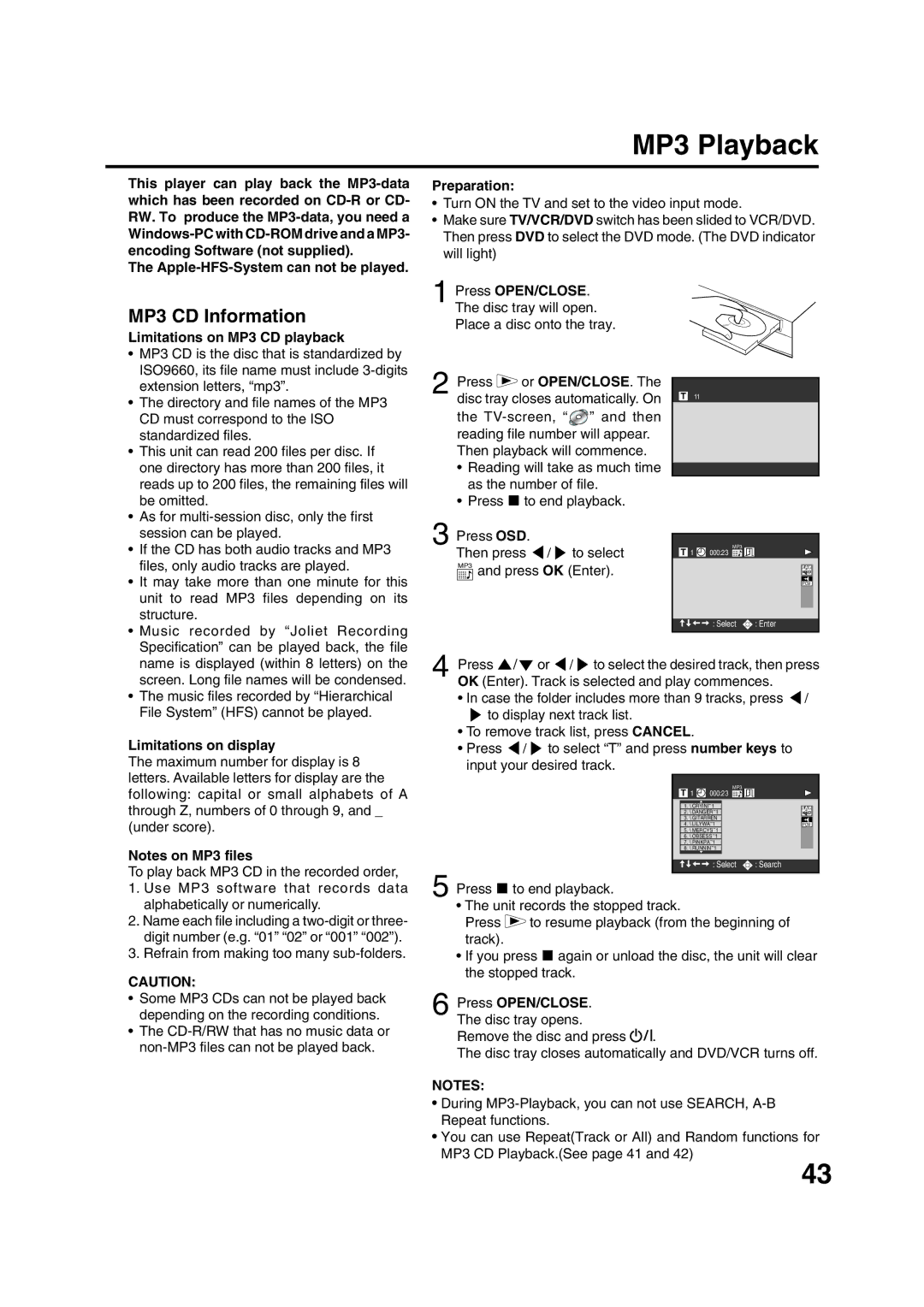 JVC HR-XV1EK manual MP3 Playback, MP3 CD Information, Limitations on MP3 CD playback, Limitations on display 