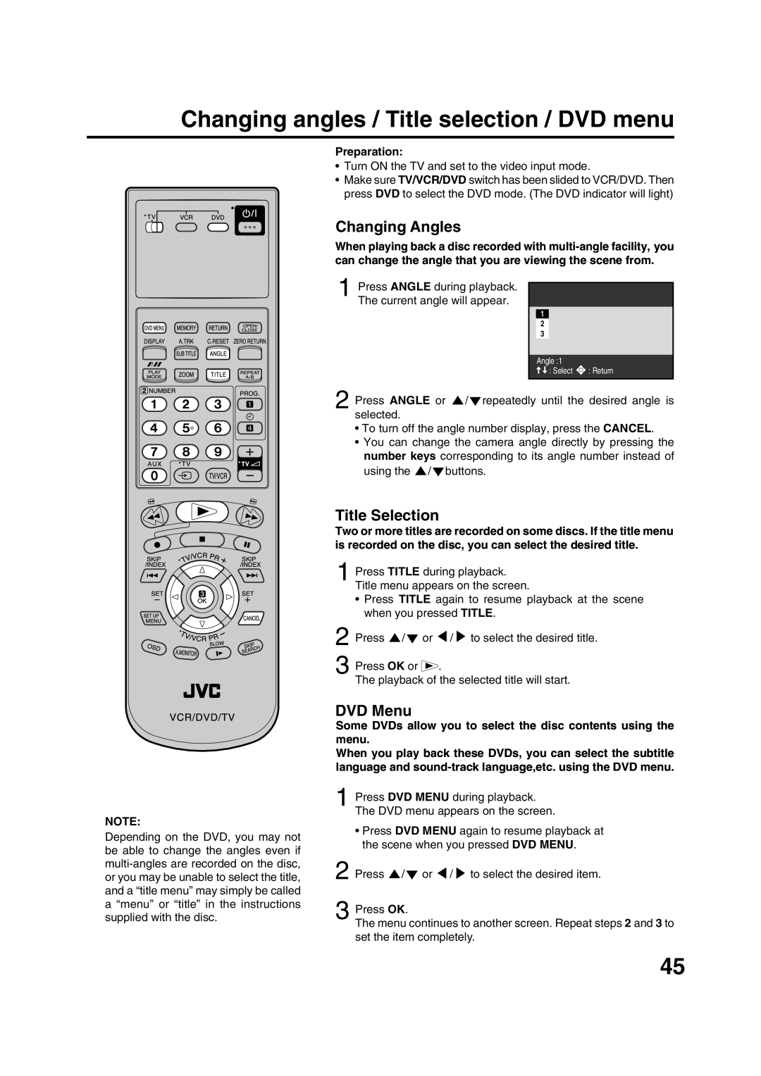 JVC HR-XV1EK manual Changing angles / Title selection / DVD menu, Changing Angles, Title Selection, DVD Menu 