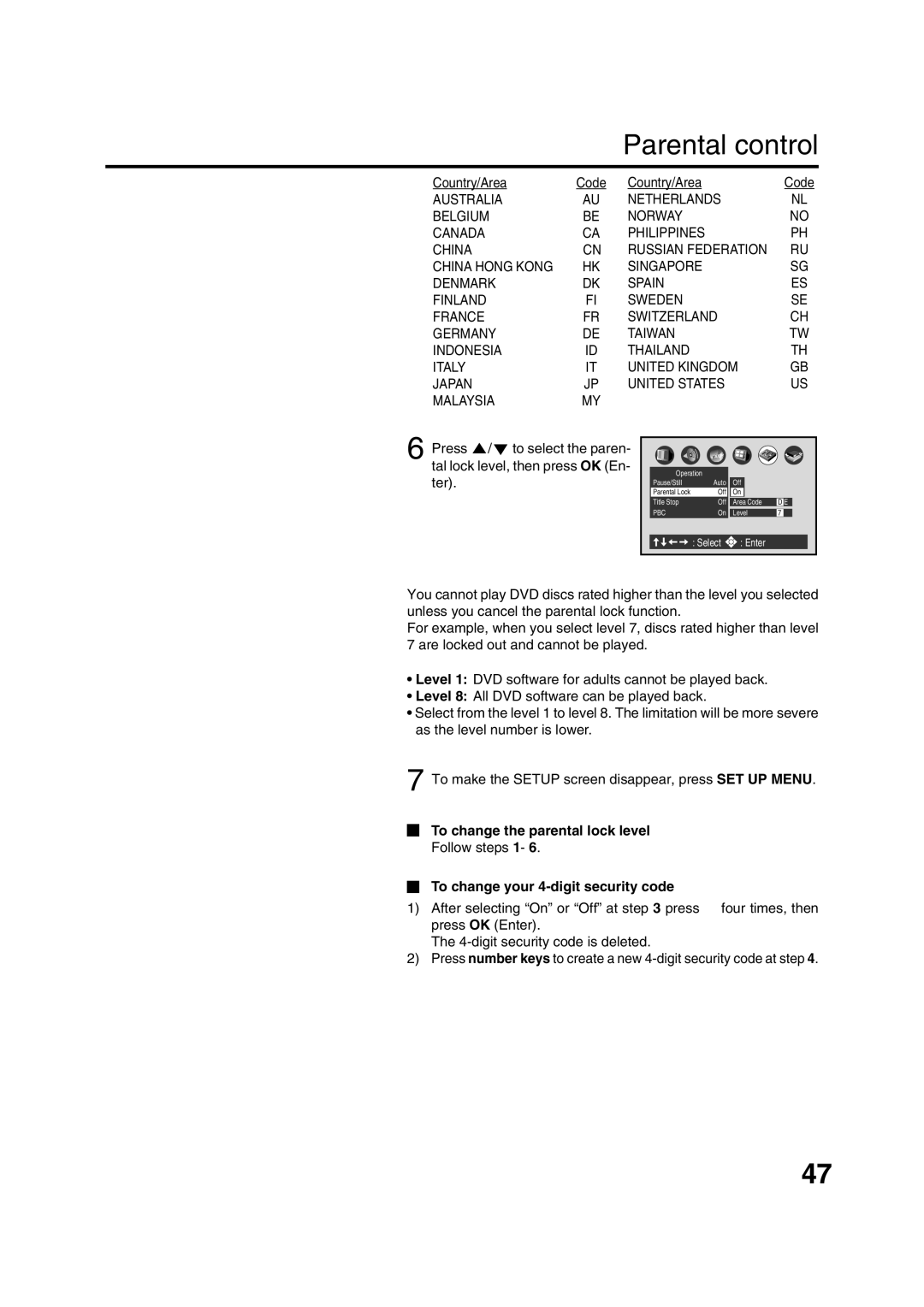 JVC HR-XV1EK manual Parental control, Country/Area, To change the parental lock level, Follow steps 1 