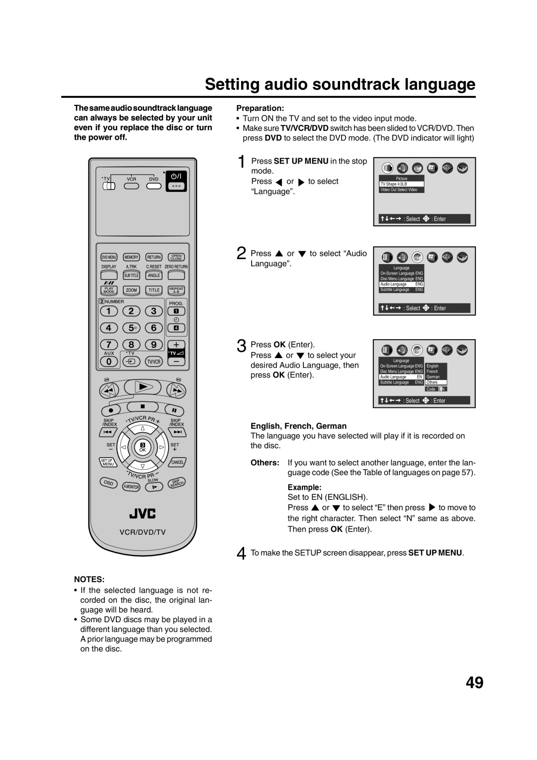 JVC HR-XV1EK manual Setting audio soundtrack language, Press or to select Audio Language 