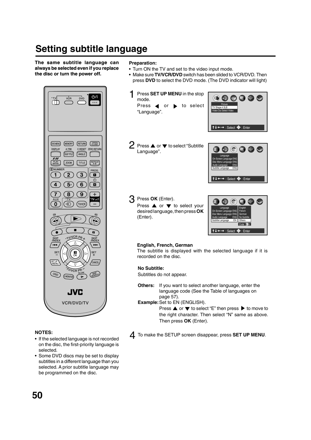 JVC HR-XV1EK manual Setting subtitle language, Press To select your Desired language, then press OK Enter, No Subtitle 