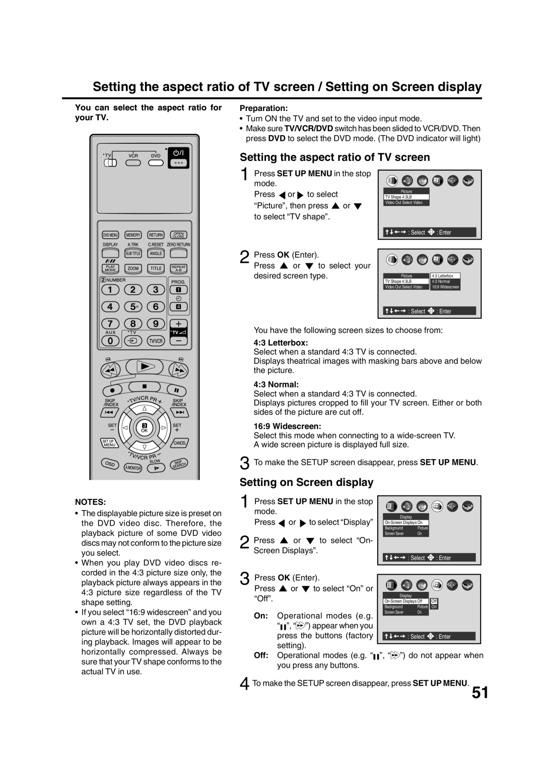 JVC HR-XV1EK manual Setting the aspect ratio of TV screen, Setting on Screen display 