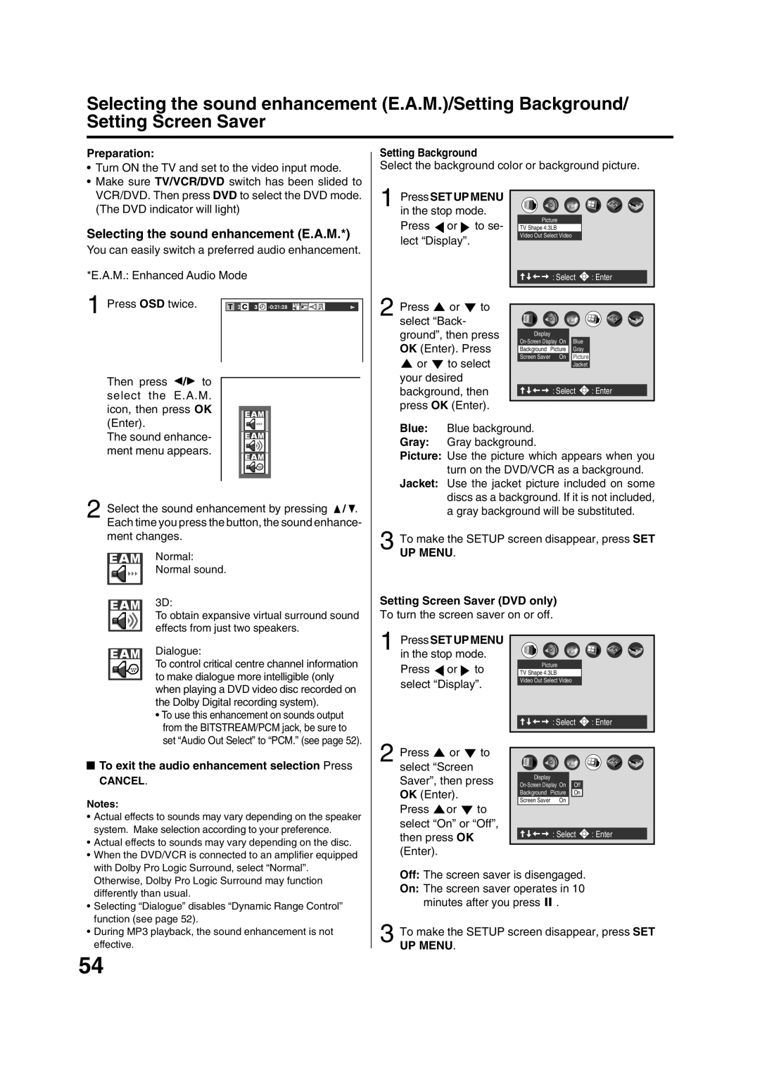 JVC HR-XV1EK manual Selecting the sound enhancement E.A.M, Setting Background, Setting Screen Saver DVD only 