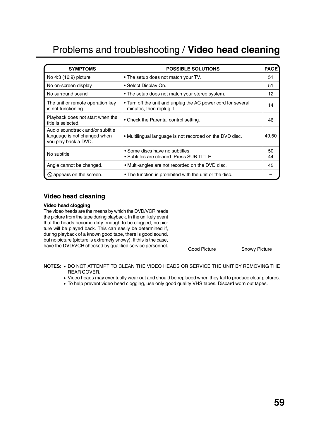 JVC HR-XV1EK manual Problems and troubleshooting / Video head cleaning, Symptoms Possible Solutions, Video head clogging 