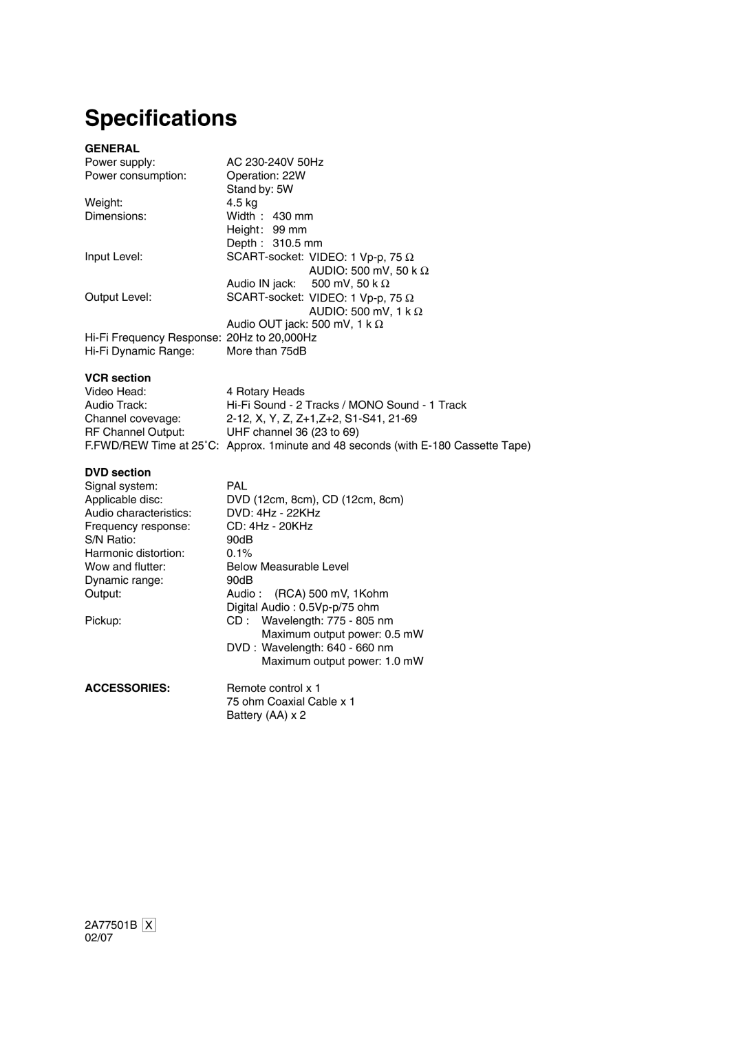 JVC HR-XV1EK manual Specifications, General, VCR section, DVD section, Accessories 