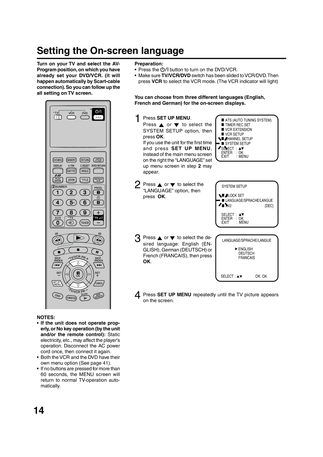 JVC HR-XV1EU manual Setting the On-screen language, Press the button to turn on the DVD/VCR 