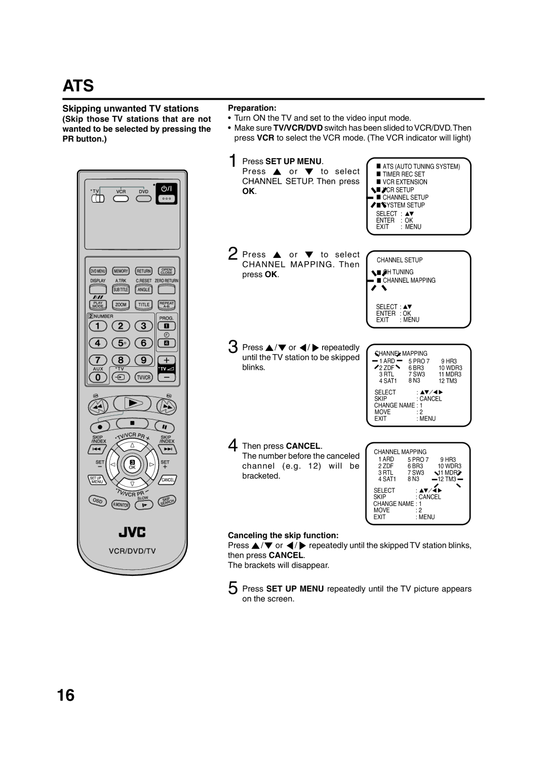 JVC HR-XV1EU Skipping unwanted TV stations, Turn on the TV and set to the video input mode, Canceling the skip function 