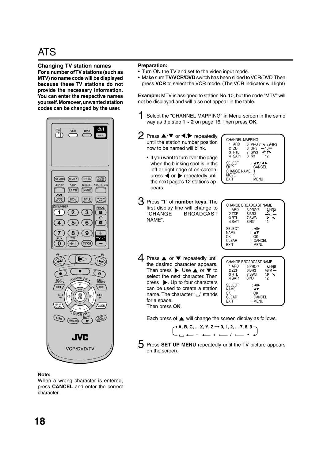 JVC HR-XV1EU manual Changing TV station names, Change Broadcast, Name 