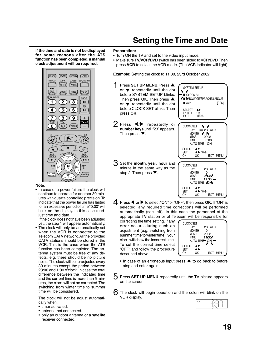 JVC HR-XV1EU manual Setting the Time and Date 