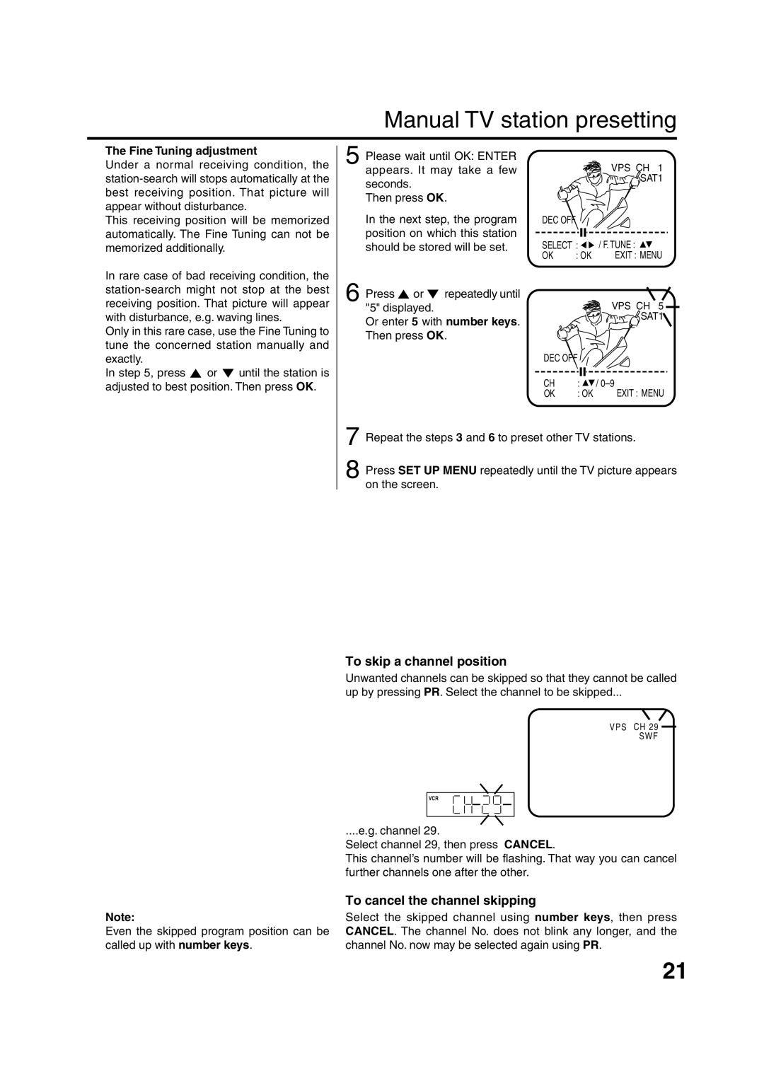 JVC HR-XV1EU manual Manual TV station presetting, To skip a channel position, To cancel the channel skipping 