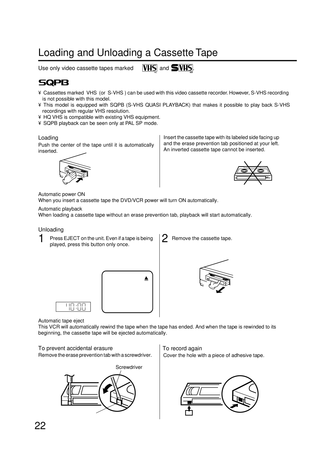 JVC HR-XV1EU manual Loading and Unloading a Cassette Tape 