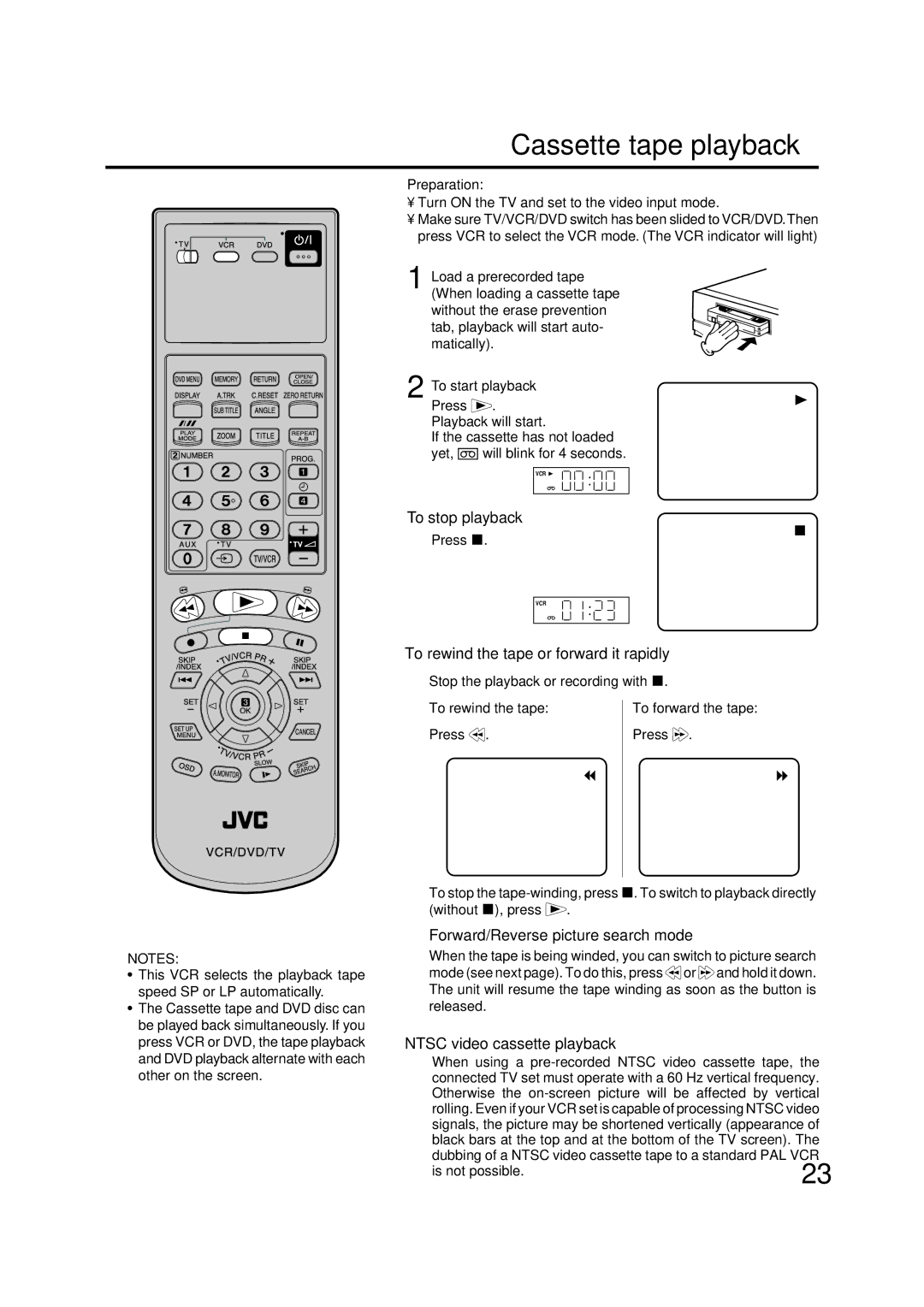 JVC HR-XV1EU manual Cassette tape playback, To stop playback, To rewind the tape or forward it rapidly 