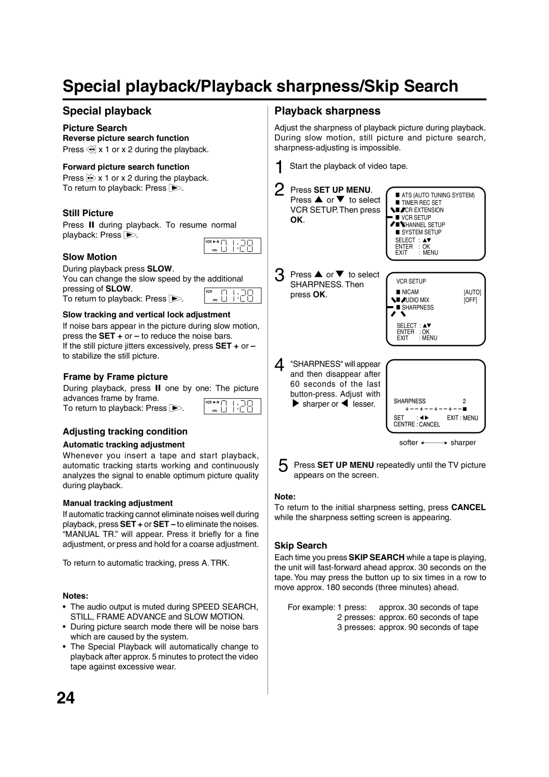 JVC HR-XV1EU manual Special playback/Playback sharpness/Skip Search 