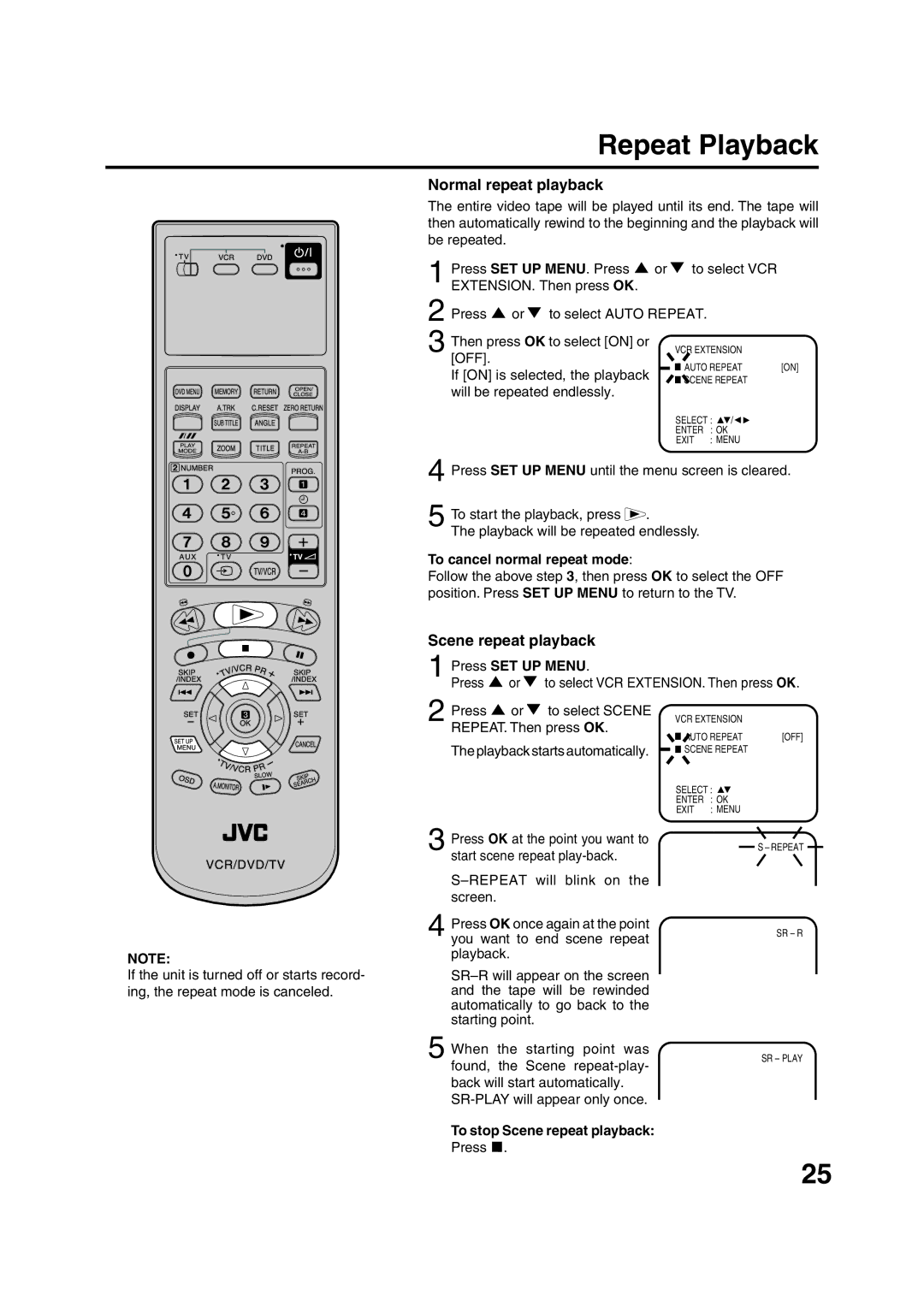 JVC HR-XV1EU manual Repeat Playback, Normal repeat playback, Scene repeat playback, To cancel normal repeat mode 