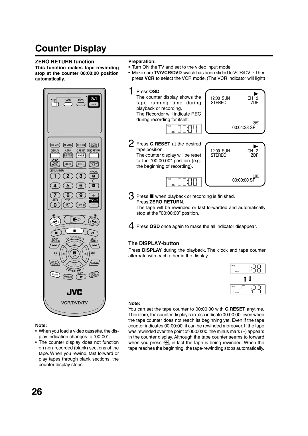 JVC HR-XV1EU manual Counter Display, Zero Return function, DISPLAY-button, Stereo ZDF 